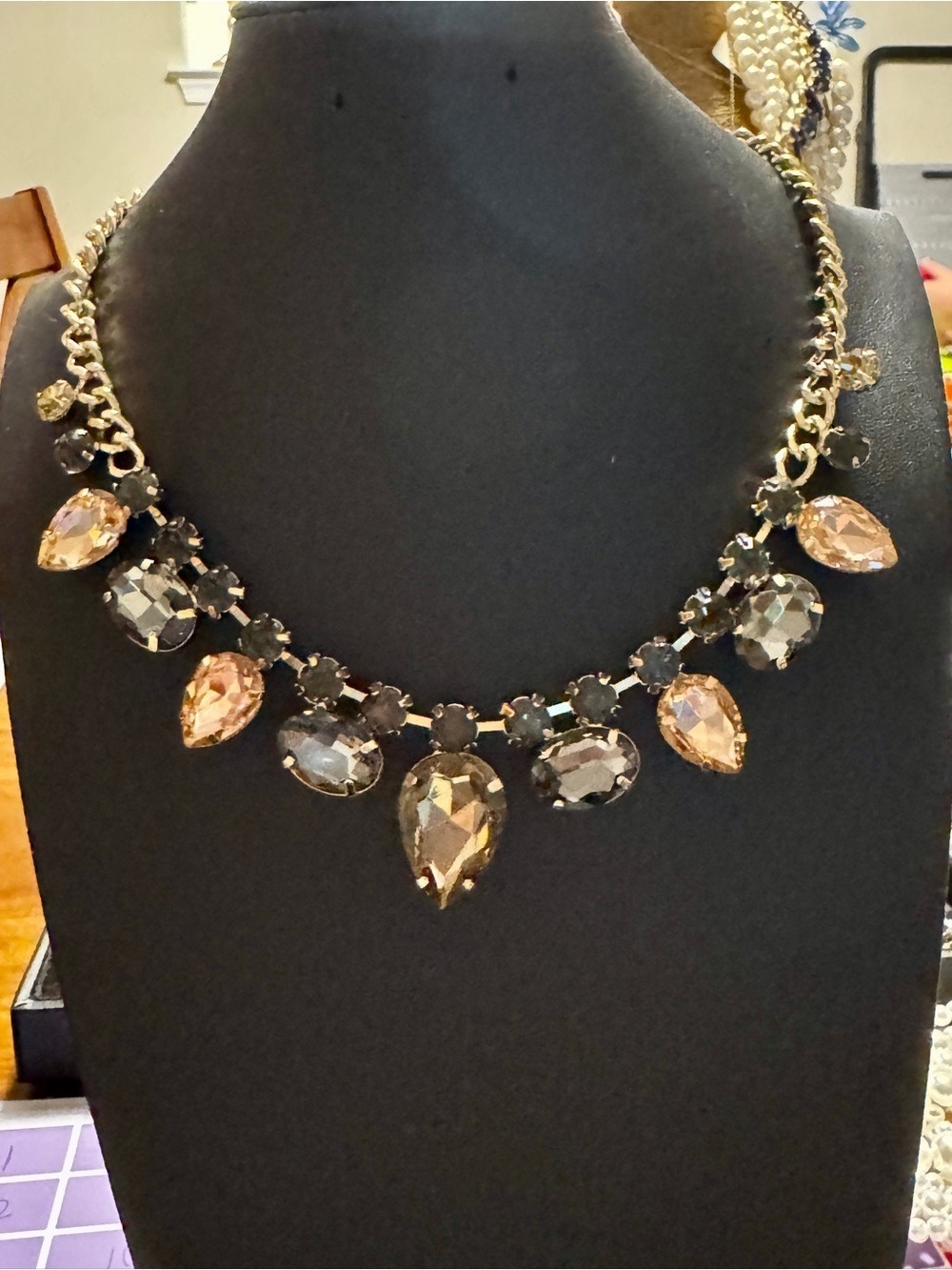 Gold Chain Statement Necklace with Champagne and Gray Crystals